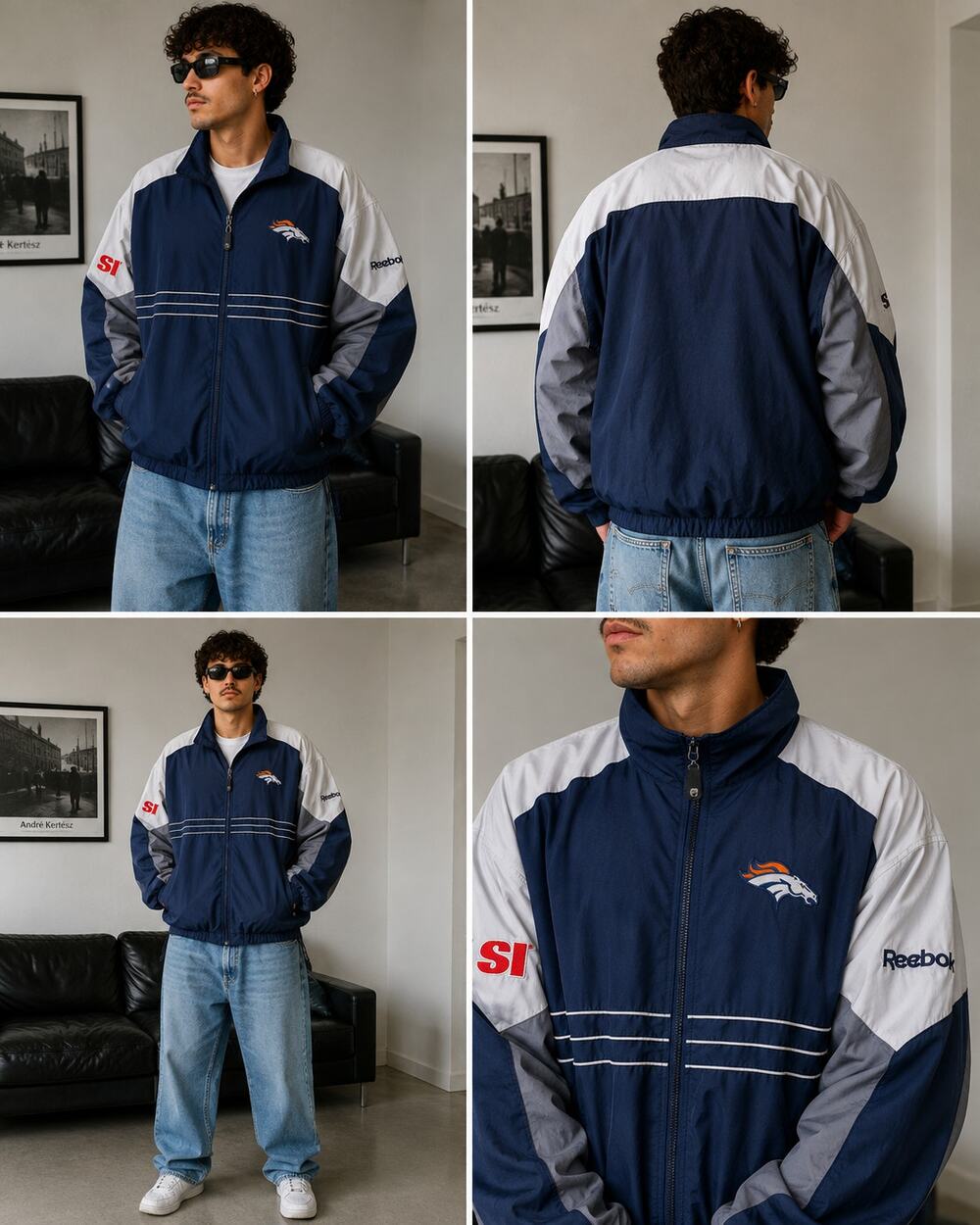 Reebok Denver Broncos NFL Team Apparel Windbreaker Jacket 2XL Navy Gray Sideline